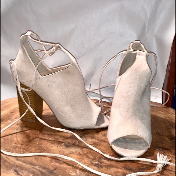 Women's White Suede Open Toe Lace up Booties - Picture 2 of 4